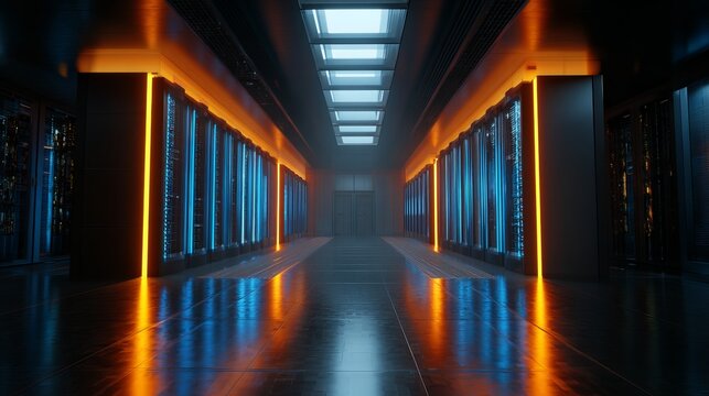 Sleek server room hallway stretches into the distance, illuminated by vibrant orange and blue lights, creating a futuristic concept for technology and data storage