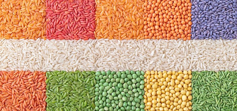 A vibrant tricolor flag composed of colorful grains arranged neatly from above, symbolizing Indian Republic Day.