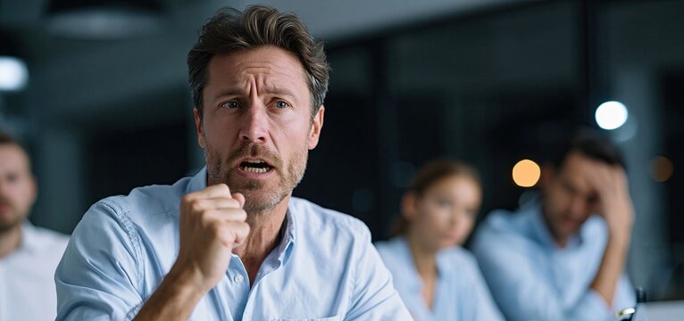 A stressed team listens intently as their frustrated manager discusses missed goals, highlighting workplace tension and burnout.