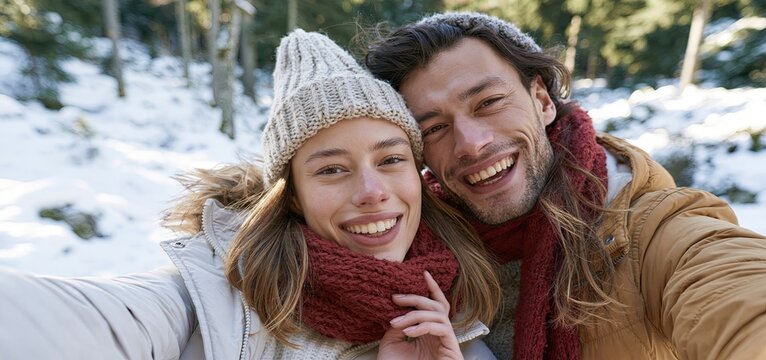 A joyful couple in vibrant winter clothing enjoys a snowy forest backdrop while capturing a festive selfie outdoors.