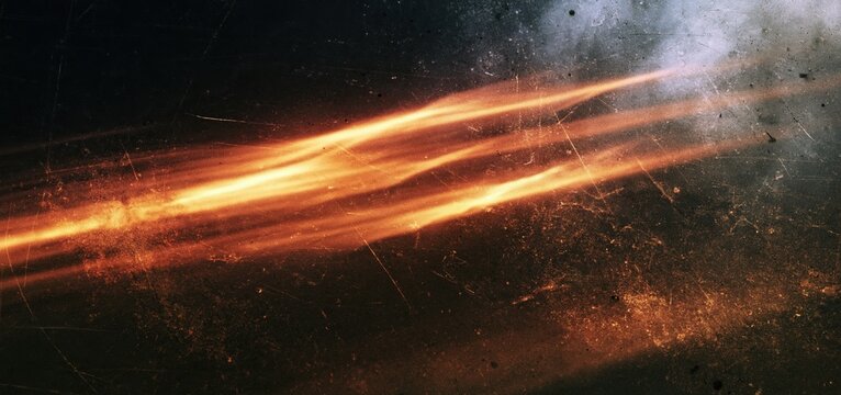 A dark background with warm orange streaks, grainy scratches, dust, and subtle motion blur creating a vintage cinematic feel.