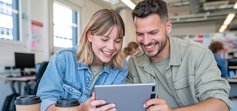 Coworkers collaborating with a digital tablet during a casual meeting in a sunlit modern workspace.