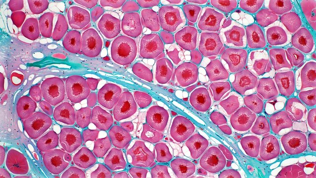 Microscopic cross-section of muscle tissue with nuclei visible