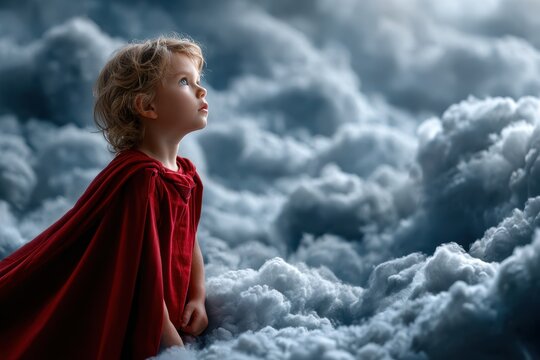 Child in a red cape looks up at fluffy clouds, filled with wonder and curiosity