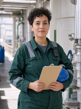 Vertical portrait of a female industrial worker in green coveralls holding a clipboard and blue hard hat. Confident woman engineer standing in a manufacturing plant