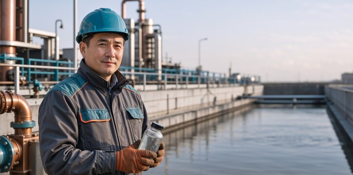 Asian male engineer in safety gear holding a water sample bottle at a treatment plant. Industrial worker checking liquid quality in an outdoor facility