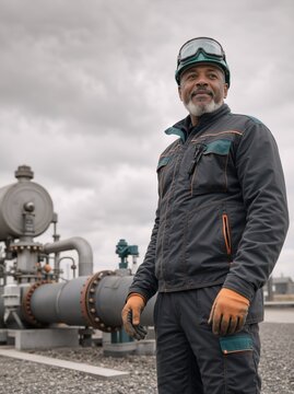 Vertical portrait of a mature Black male industrial worker at a refinery. Experienced engineer wearing safety gear and hard hat standing near pipelines