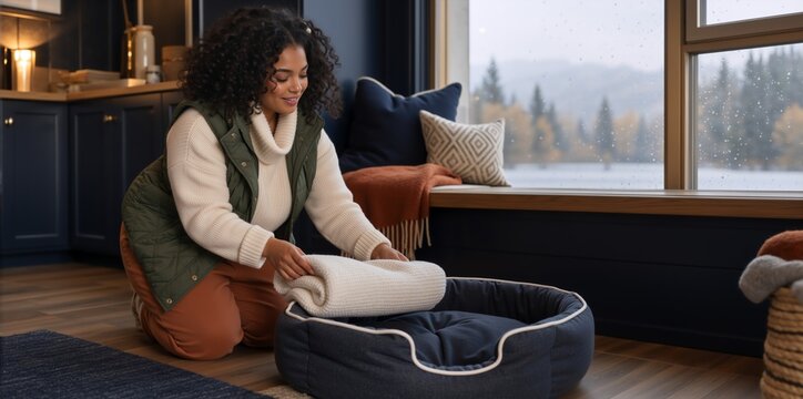 Smiling young woman preparing a cozy pet bed with a blanket. Happy female kneeling on floor in a modern home during winter. Pet care and domestic lifestyle concept