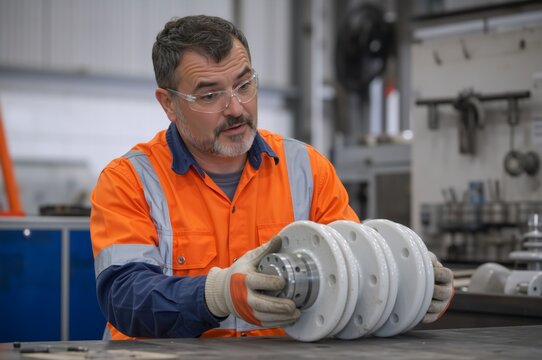 Male technician in safety glasses inspecting a ceramic component. Industrial worker in high visibility shirt working at a workbench. Quality control and maintenance concept