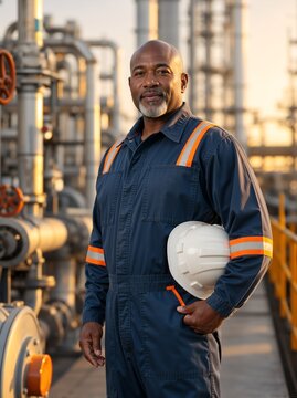 Portrait of mature Black male industrial worker holding white hard hat. Smiling engineer in blue jumpsuit at refinery during sunset. Professional technician concept