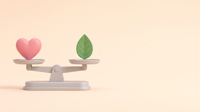 Heart and leaf balancing on scales representing health, nature, and emotional well-being harmony