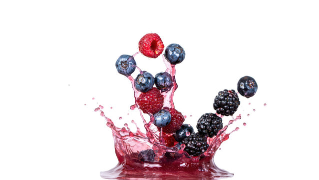 Assorted fresh berries including raspberries, blueberries, and blackberries splashing into a red fruit juice isolated against a solid black background