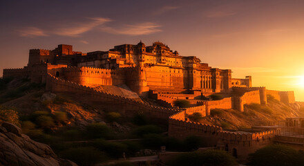 Fototapeta premium Ancient Fortress Bathed in Golden Sunset Light.