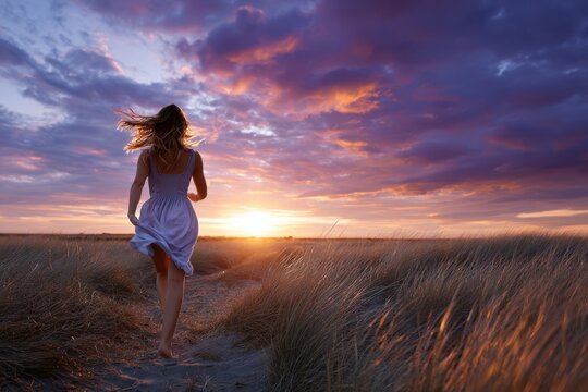 Running toward the sunset on a serene path through tall grass during twilight