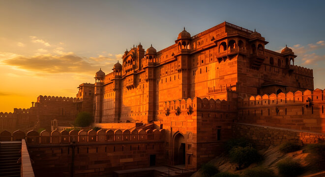 Ancient Fortress Glowing in Golden Sunset Light.