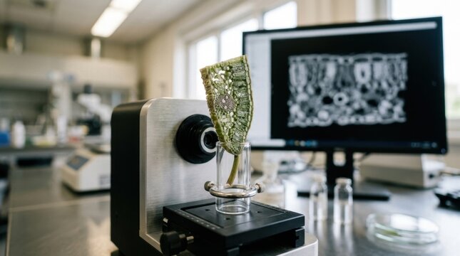 Leaf transpiration study using x ray microtomography with cut leaf cross section, stomata, petiole segment, and sample holder in a plant lab.