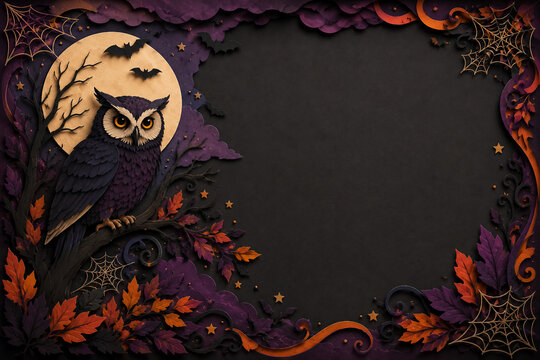 Spooky layered paper cut Halloween scene in black, purple and orange, featuring gothic characters, pumpkins, bats, moonlit landscapes and dark copy space.