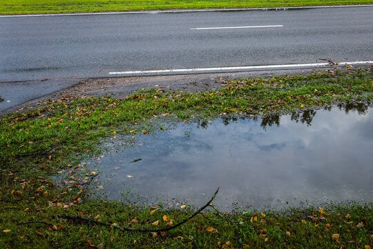 Roadside Flooding Beside Wet Asphalt After Heavy Autumn Rain