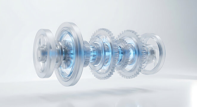 Futuristic Transparent Mechanical Assembly with Intricate Gears and Ethereal Blue Energy Floating in a Minimalist Holographic White Environment.