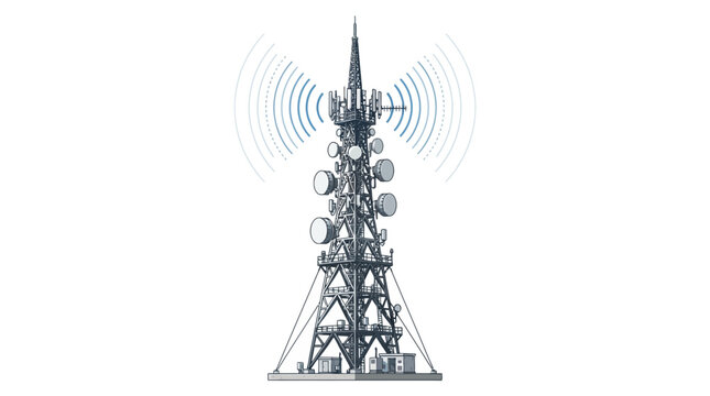 Tall radio transmission tower with signal waves.