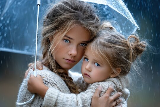 Two young girls seek shelter under an umbrella during a gentle rain in a forest setting