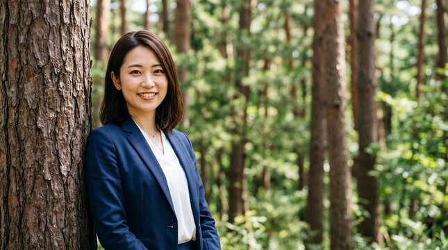 プロフィール写真をイメージした、豊かな松林にある一本の松にもたれかかり、穏やかな笑顔をカメラに向けている、知的な印象の20代日本人女性社員のバストアップポートレート