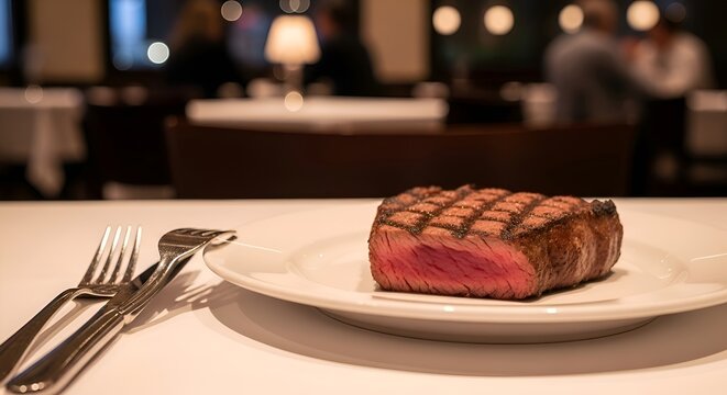 Grilled steak on a plate in a restaurant setting
