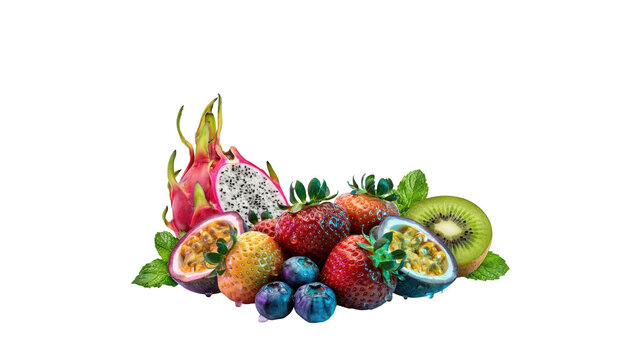 A colorful assortment of fresh tropical and garden fruits including dragon fruit, strawberries, blueberries, kiwi slice, passion fruit, and mint