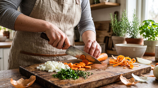 Closeup of a person wearing an apron chopping fresh carrots and onions on a rustic wooden cutting board in a bright, cozy kitchen setting