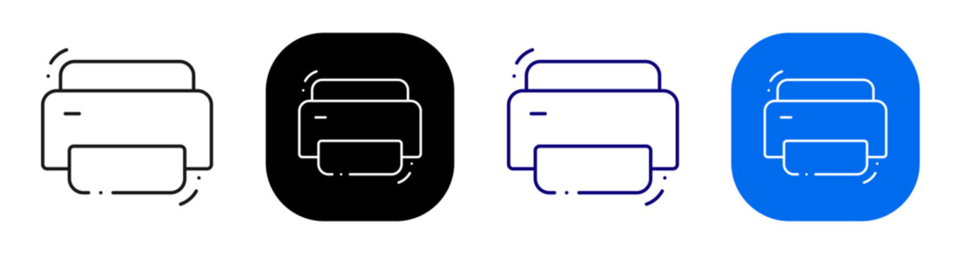 Printer for document output printing service and paper production workflow. Line, filled, black, color set. Editable stroke
