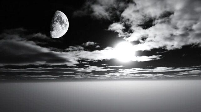 Black and white view of a crescent moon and sun peeking through the dramatic clouds in the sky above the horizon
