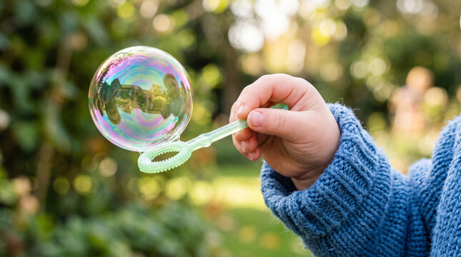 Closeup of a toddlers hand in a blue knitted sweater holding a green bubble wand with a large, iridescent soap bubble floating in a garden