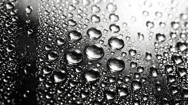 Macro closeup of water droplets on a dark reflective surface creating a textured abstract pattern with varying sizes of liquid beads and soft highlights