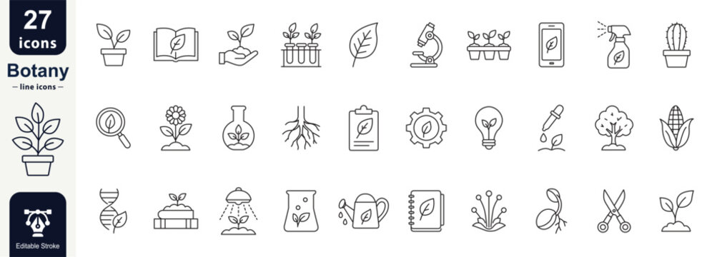 Botany line icon set featuring plants, leaves, roots, flowers, lab tools, gardening, research, and Editable stroke