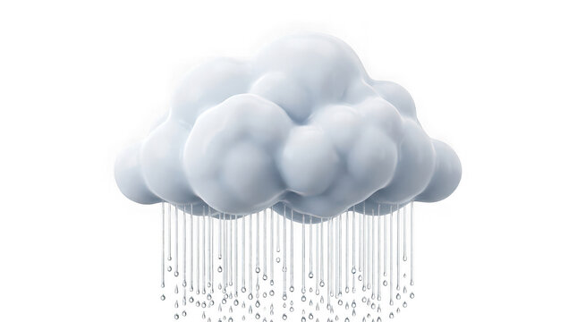 White 3D cloud cluster with falling rain droplets on transparent background for weather design