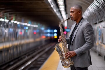 Fototapeta premium Saxophone player performs soulful music at subway station during evening rush hour