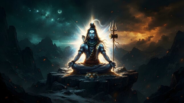 Mystical depiction of deity meditating in a celestial landscape