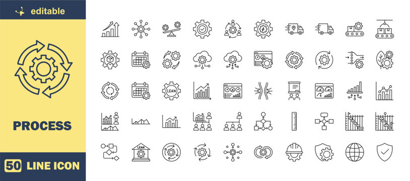 Editable 50 Process Management Line Icons Featuring Workflow, Automation, Optimization, Lean Operations, Logistics, Planning, Efficiency and Business Performance