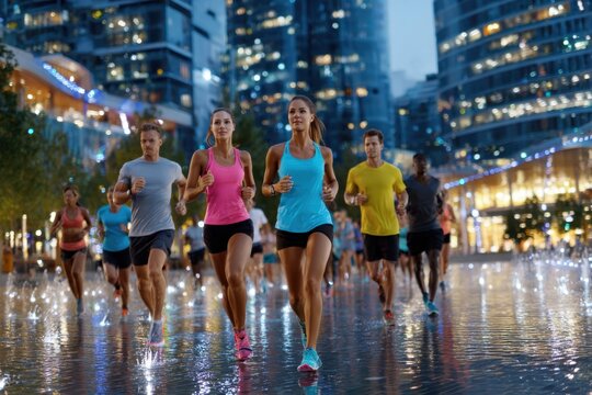 Evening joggers running through a vibrant urban plaza with illuminated buildings