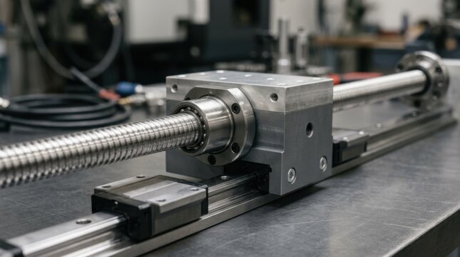 Ball screw assembly, recirculating ball nut, linear guide rail, and machined aluminum block arranged as a precision motion control showcase.