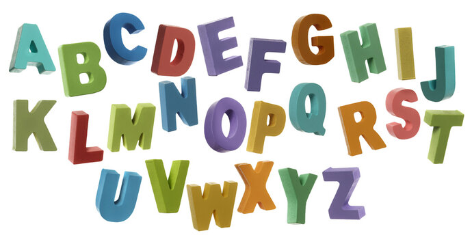 Set of wooden alphabet letters flying isolated on white background, clipping path, design element, transparency