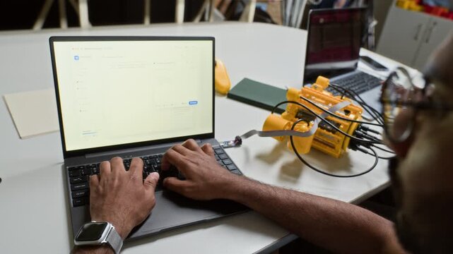 Indian young adult man wearing glasses programming yellow robotic prototype on laptop. Footage is perfect for engineering school advertisements and robotics technology promos