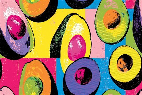 Seamless pattern of colorful pop art avocados on vibrant color blocks
