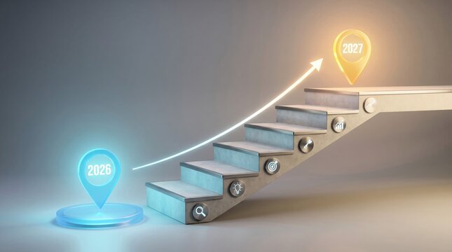 Glowing blue location marker for 2026 ascending upward on concrete steps toward a luminous golden 2027 navigation map pin icon