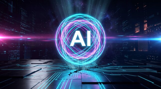 Glowing artificial intelligence logo floating above a complex digital circuit board with bright neon light flares and futuristic metallic textures