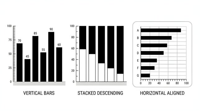 Three different styles of black and white bar charts displayed side by side on white background with arranged horizontally demonstrate data visualization using