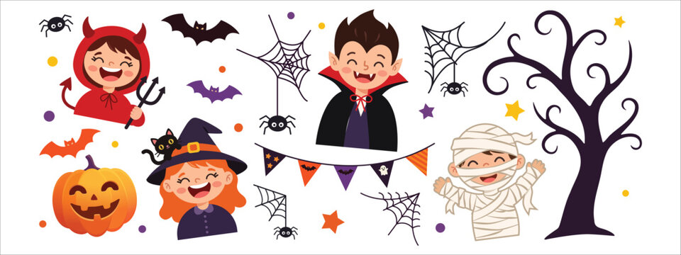 Halloween party cartoon characters illustration children in monster costumes vampire, witch, mummy and devil. Holiday design for party invitation, greeting card, banner