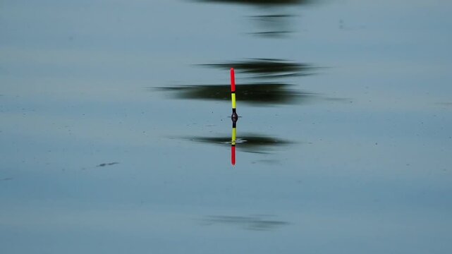 Fishing on a lake. A fishing float bobs on the waves.