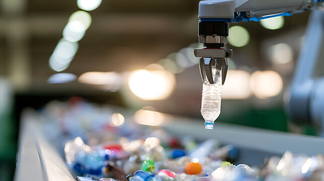Automated robotic arm sorting plastic bottle in industrial recycling facility plant with conveyor belt waste management system technology
