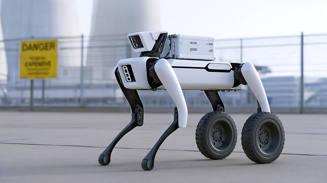 Advanced white four-legged wheeled robotic machine perform autonomous inspection task in modern industrial facility with yellow danger sign